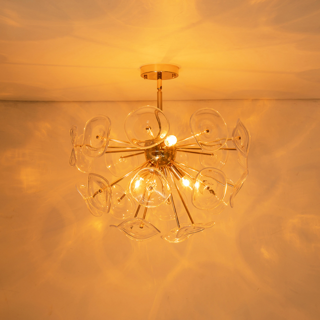 4-Light Mid-Century Modern Glass Sunburst Sputnik Semi Flush Chandelier for Living Room Dining Room Bedroom