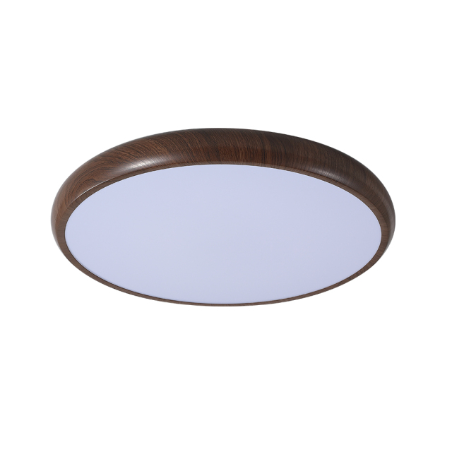 Modern Minimalist Round LED Flush Mount Ceiling Light in Smooth Wood Walnut Grain Finish For Hallway Home Office Living Room