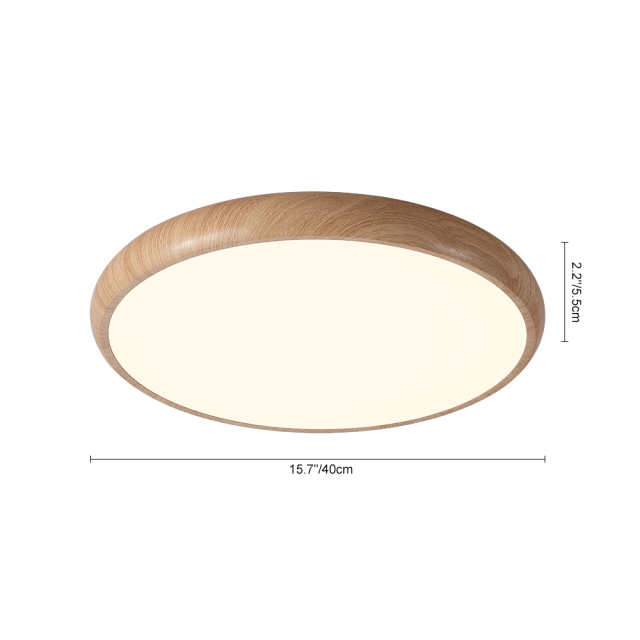 Modern Minimalist Round LED Flush Mount Ceiling Light in Smooth Wood Walnut Grain Finish For Hallway Home Office Living Room