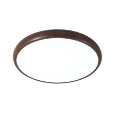 Modern Minimalist Round LED Flush Mount Ceiling Light in Smooth Wood Walnut Grain Finish For Hallway Home Office Living Room