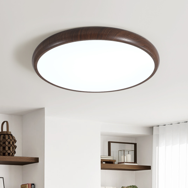 Modern Minimalist Round LED Flush Mount Ceiling Light in Smooth Wood Walnut Grain Finish For Hallway Home Office Living Room