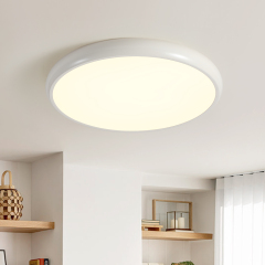 Modern Minimalist Round LED Flush Mount Ceiling Light in Smooth Wood Walnut Grain Finish For Hallway Home Office Living Room