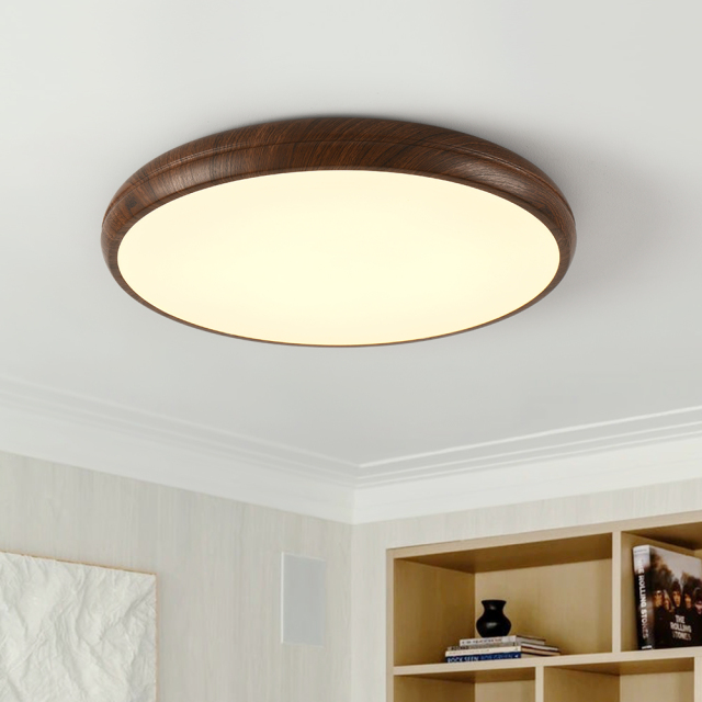 Modern Minimalist Round LED Flush Mount Ceiling Light in Smooth Wood Walnut Grain Finish For Hallway Home Office Living Room