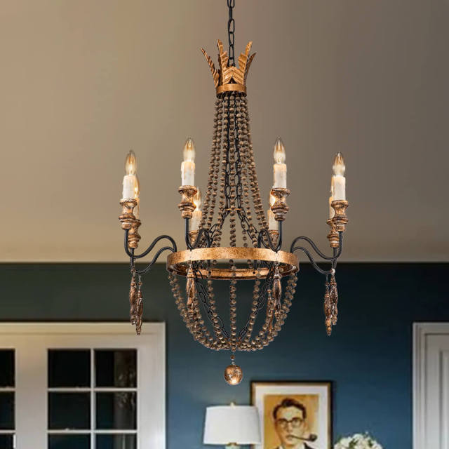 8-Light Vintage French Style Empire Beads Chandelier in Rusty Finish for Living Room/Dining Room/ Bedroom/ Kitchen