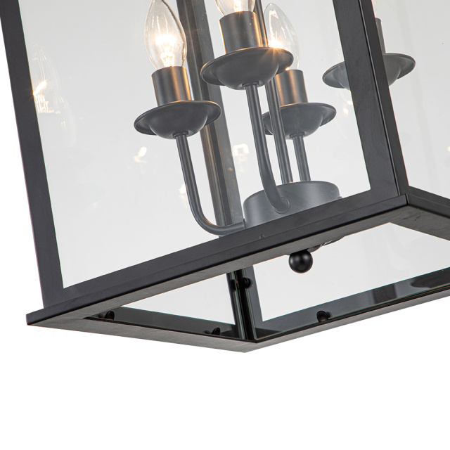 4-Light Modern Farmhouse Black Lantern Square Metal Pendant Lighting for Restaurant/ Living Room/ Dining Room
