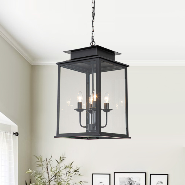 4-Light Modern Farmhouse Black Lantern Square Metal Pendant Lighting for Restaurant/ Living Room/ Dining Room