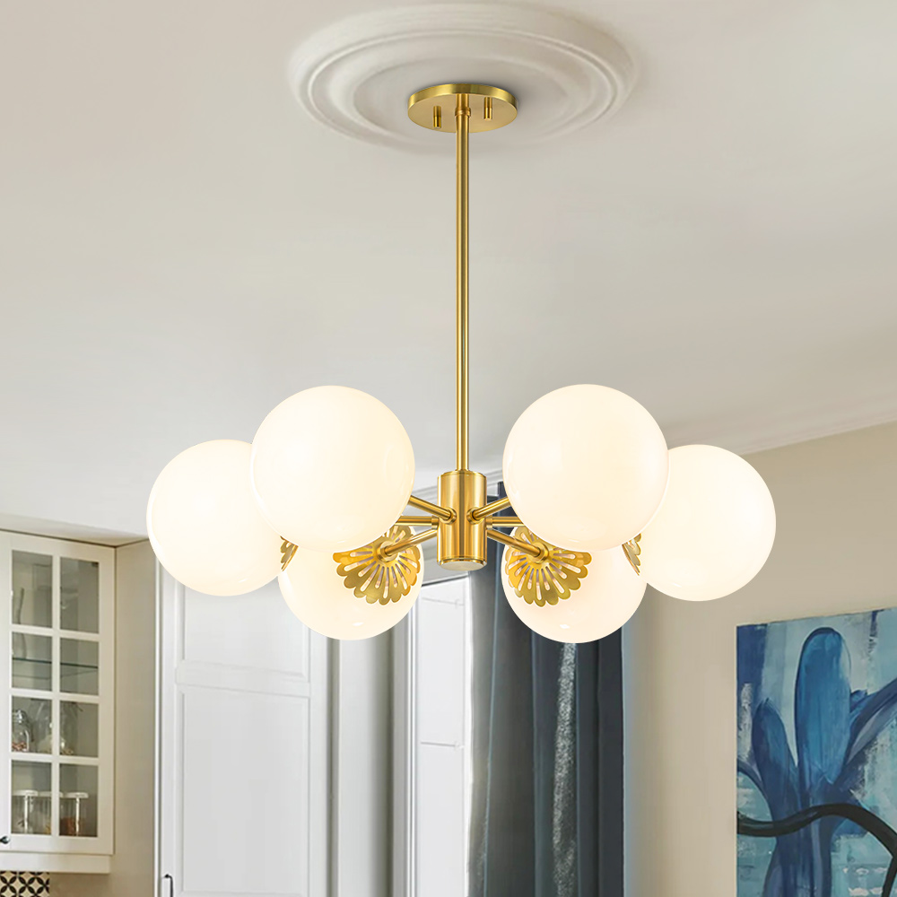 Modern Mid-Century Brass Sputnik Opal Globe Chandelier Light for Dining Room/ Living Room/ Bedroom