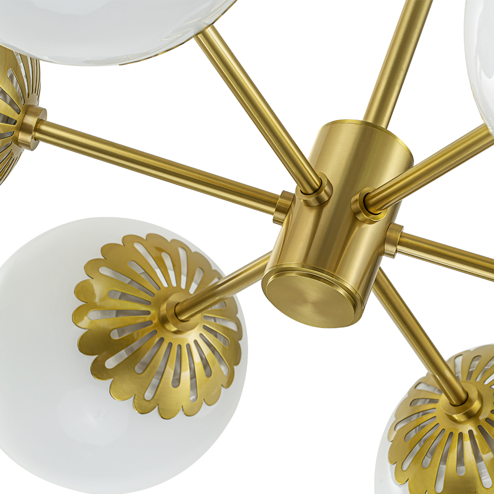 Modern Mid-Century Brass Sputnik Opal Globe Chandelier Light for Dining Room/ Living Room/ Bedroom