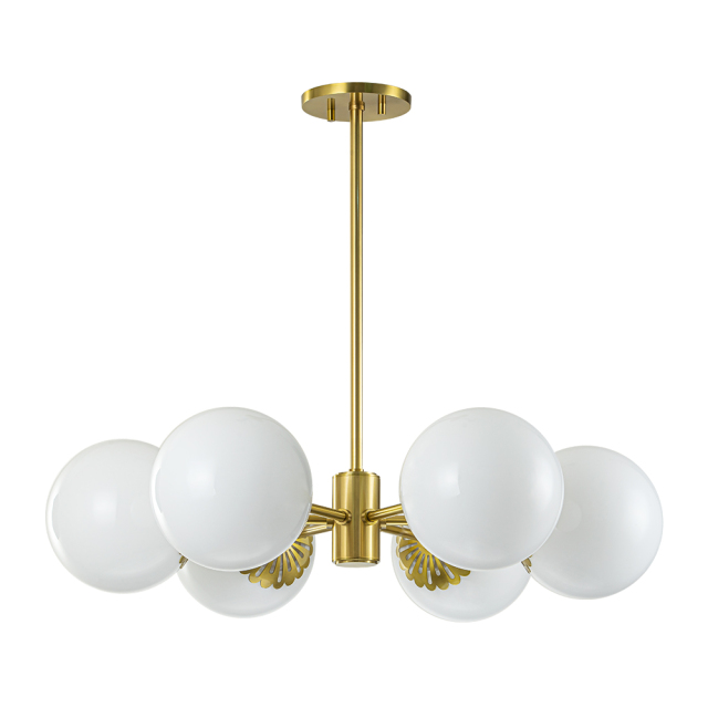 Modern Mid-Century Brass Sputnik Opal Globe Chandelier Light for Dining Room/ Living Room/ Bedroom