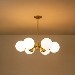 Modern Mid-Century Brass Sputnik Opal Globe Chandelier Light for Dining Room/ Living Room/ Bedroom