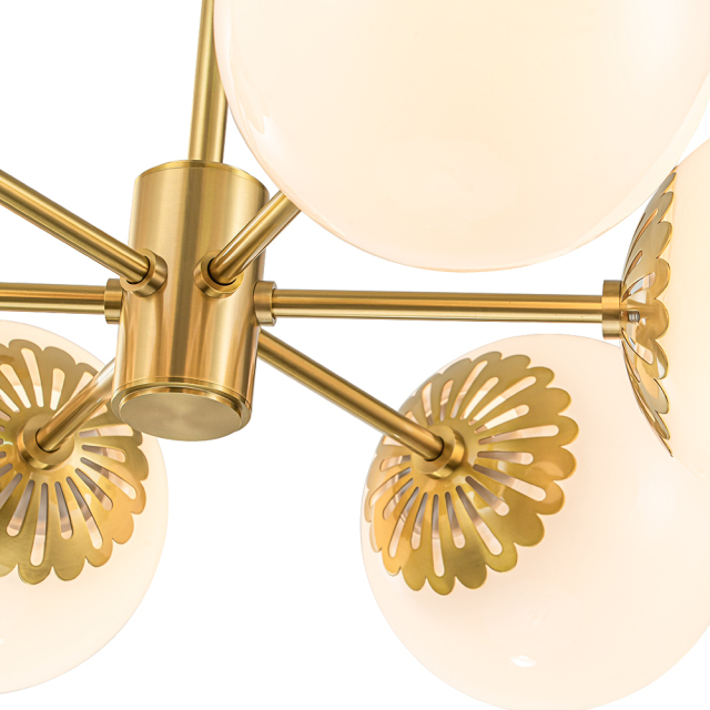 Modern Mid-Century Brass Sputnik Opal Globe Chandelier Light for Dining Room/ Living Room/ Bedroom