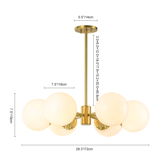 Modern Mid-Century Brass Sputnik Opal Globe Chandelier Light for Dining Room/ Living Room/ Bedroom