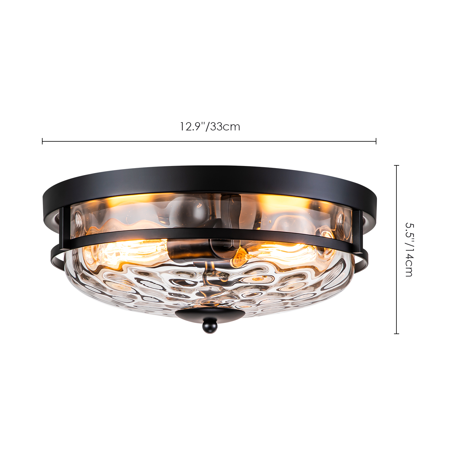 2-Light Clear Seeded Glass Flush Mount Black Ceiling Light