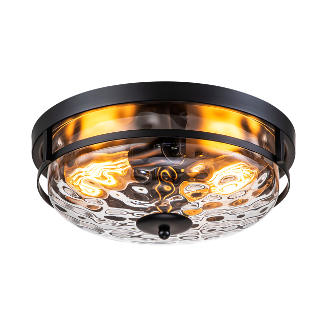 2-Light Clear Seeded Glass Flush Mount Black Ceiling Light