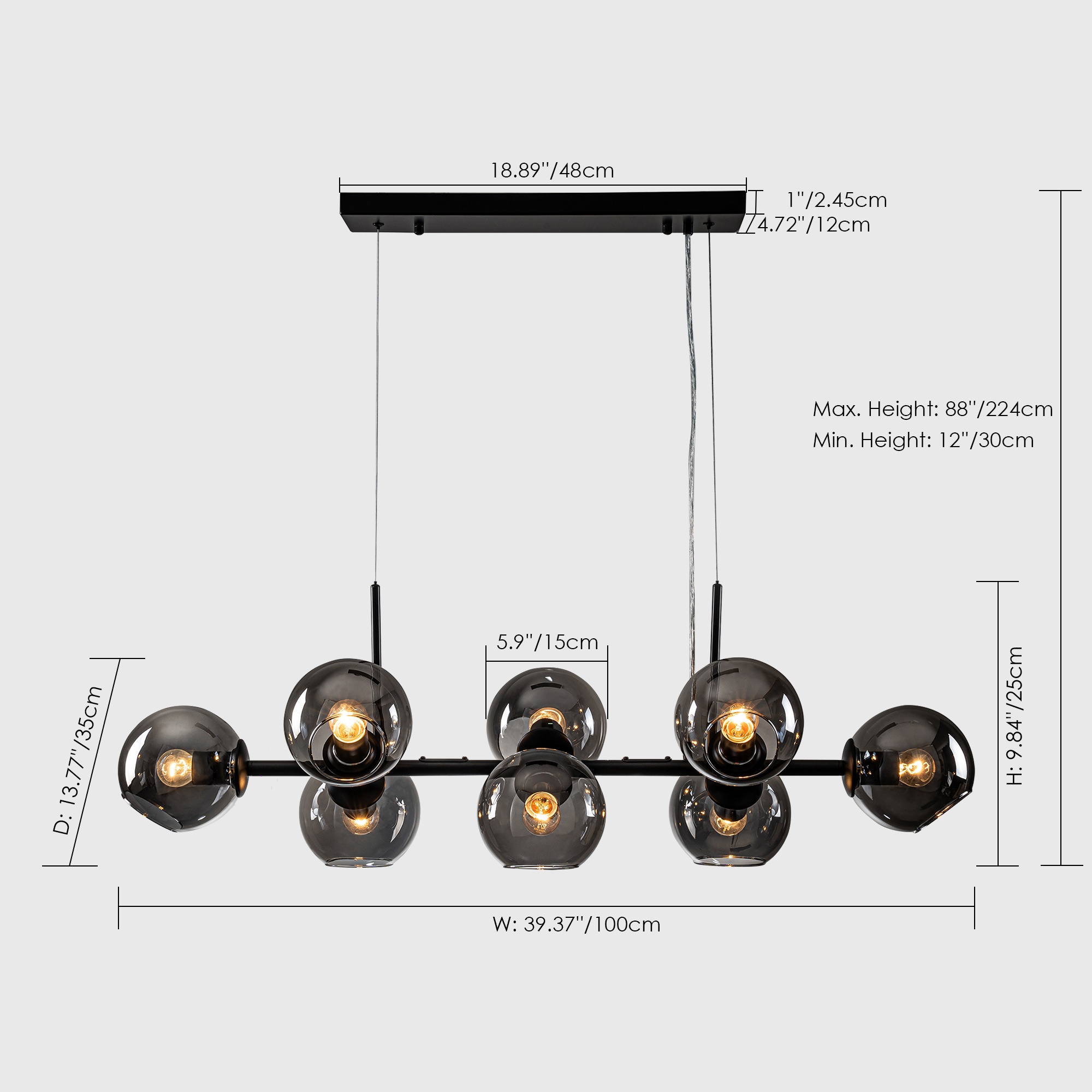 8-Light Modern Glam Branching Black Glass Shade Chandelier