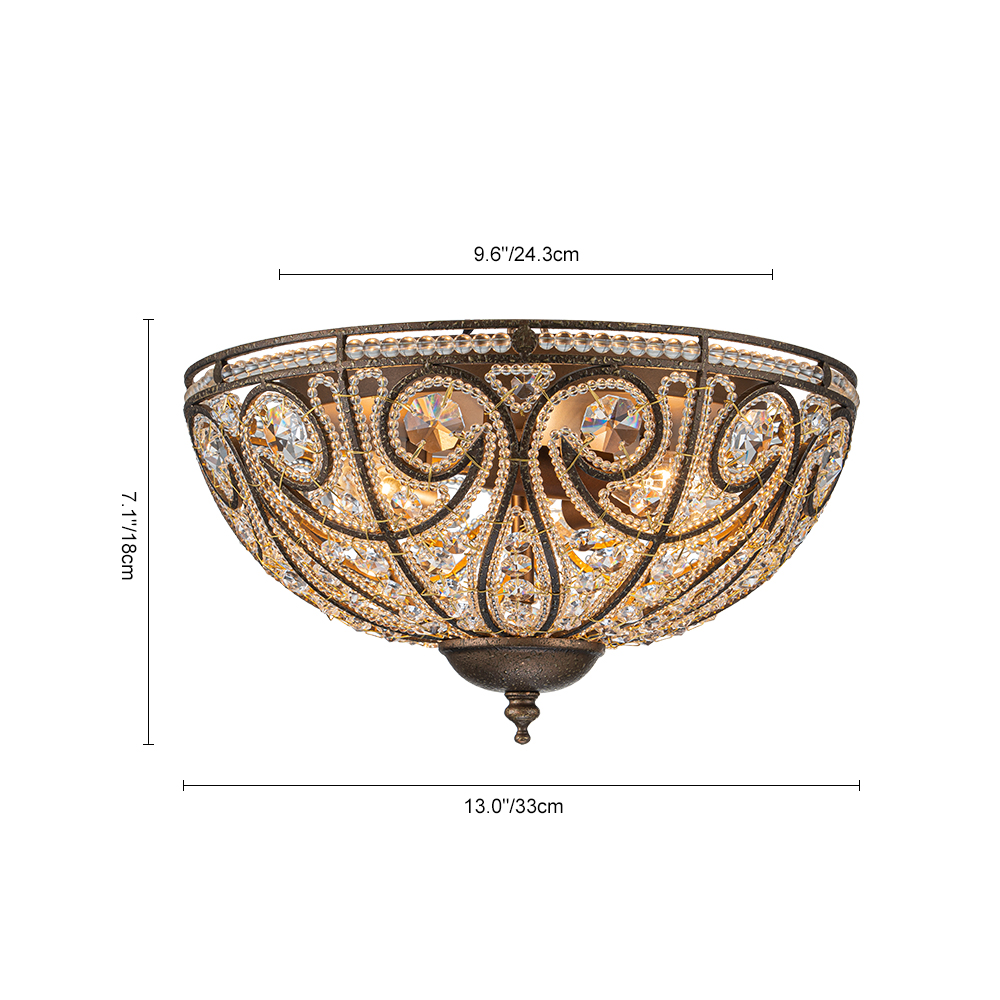 Decorative Modern Roman Style 3-Light Flush Mount Chandelier with Crystal Glass Beads for Study Room Dining Room Bedside