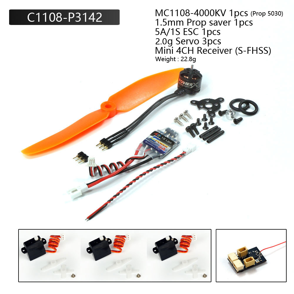 Combo Moteur Sans Balais MC1108-4000KV 2S 7.4V + ESC 5A + Hélice 5030 – Pour Avion Intérieur F3P Et Micro Aile Fixe – Plusieurs Versions