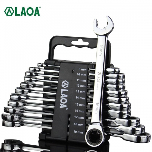 LAOA 11pcs Wrenches Storage Racks Set Open Ratchet/Double-ended /Mirror Anti-slip Ratchet Wrench 8-19mm Car Repairing Tools Set