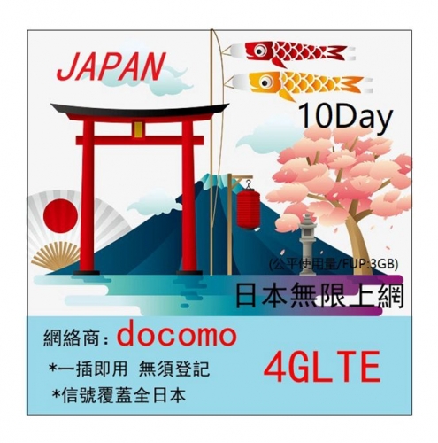 【即插即用】日本docomo10日4G/3G無限上網