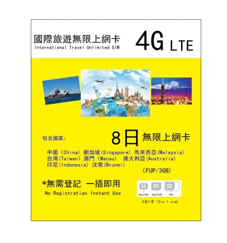 亞洲多國（中國 新加坡 馬來西亞 台灣 澳門 印尼 汶萊 ）+澳洲4G 8日無限上網卡