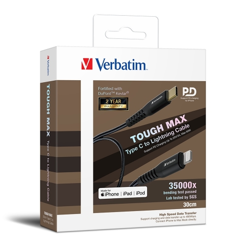 【蘋果MFi認證&原裝香港行貨】Verbatim Tough Max Type C to Lightning充電傳輸線 叉電線 充電線 數據線（120cm/200cm）黑色66048-66051