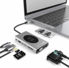 BEST CABLE USB 3.1 Type C HUB 適配器，USB 3.1 Type C集線器筆記本電腦擴展塢無線充電器13合1 Type C適配器，帶4K HDMI輸出/ 1000M RJ45以太網/ 100W PD / VGA / 5 * USB 3.0端口/ SD / TF卡讀卡器