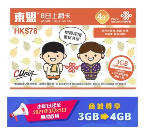 中國聯通 4G 8日 泰國 老撾  柬埔寨 越南 東盟通用無限上網卡 數據卡