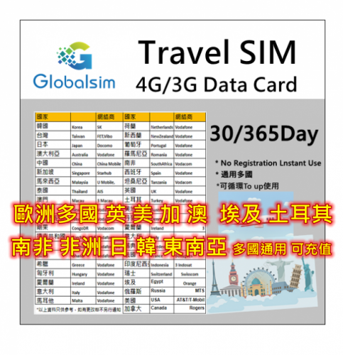 Globalsim Travel SIM 4G/3G多國通用上網 歐洲多國 瑞士  英 美 加 澳 新 埃及 土耳其 南非 非洲 日 韓 東南亞.....多國通用 可充值
