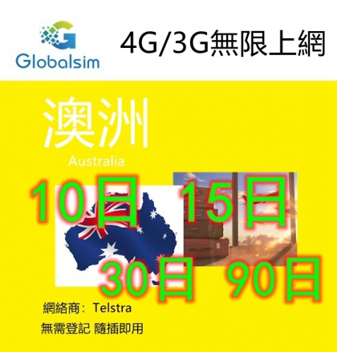 【【即插即用】Globalsim 澳洲 10日 15日 30日 4G/3G無限上網卡