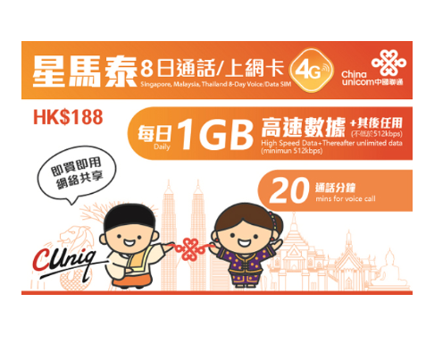 中國聯通 4G星馬泰8日無限上網卡+通話