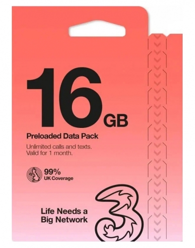 Three uk 英國30日 16GB data，無限英國通話，免費歐洲漫遊數據， Pay As You Go SIM（提供英國電話號碼）