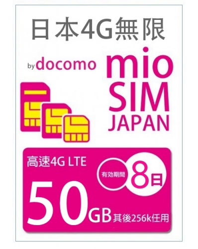 4G LTE 日本Docomo 8日4G 50GB之後256K無限上網卡(5-30日多種套餐選擇）數據卡Sim卡電話咭data