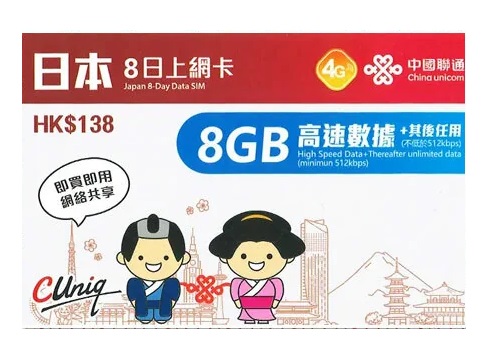 中國聯通(KDDI/rakuten)日本4G 8天8GB + 限速512Kbps無限上網