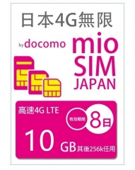 4G LTE 日本Docomo 8日4G 10GB之後256K無限上網卡
