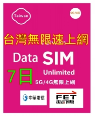【5G/4G 即插即用】台灣7日 無限 (全速不限速 不降速）上網卡 數據卡Sim卡 電話咭data