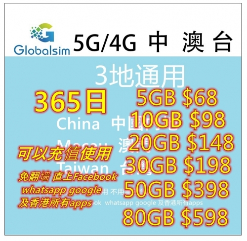 Globalsim 5G/4G 中國内地 澳門 台灣365日 5GB 10GB 20GB 30GB 50GB 80GB上網卡 ，中國免翻墙上網卡，中國上網卡，中國年卡