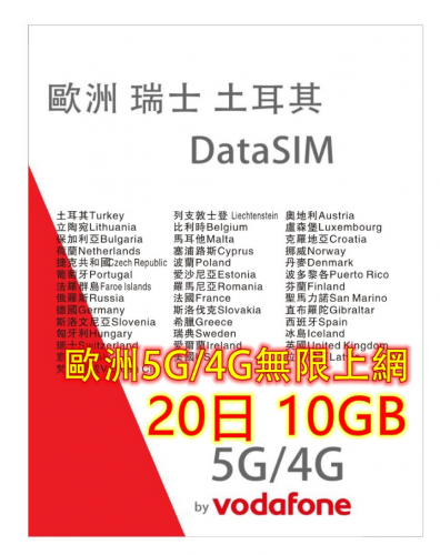 【Vodafone網絡】 歐洲多國+瑞士+英國+土耳其20日5G/4G 10GB之後降速無限《每日500MB之後降速128k無限》無限上網卡數據卡Sim卡 電話咭data