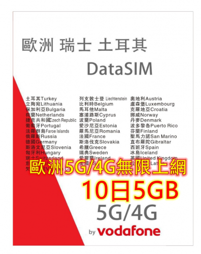 【Vodafone網絡】 歐洲多國+瑞士+英國+土耳其10日5G/4G 5GB之後降速無限《每日500MB之後降速128k無限》無限上網卡數據卡Sim卡 電話咭data