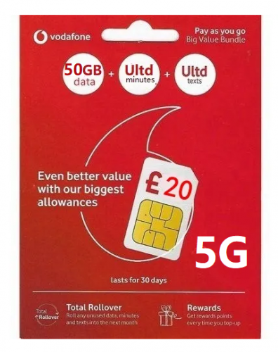 vodafone UK 英國30日 5G 50GB上網卡+無限通話（提供英國號碼）