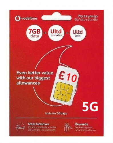 vodafone UK 英國30日 5G 7GB上網卡+無限英國分鐘