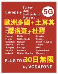 【可選擇eSIM/普通SIM】【即插即用 Vodafone網絡】5G/4G 歐洲多國+瑞士+土耳其 +摩洛哥+杜拜30日無限上網卡 數據卡Sim卡 電話咭data  多種套餐可供選