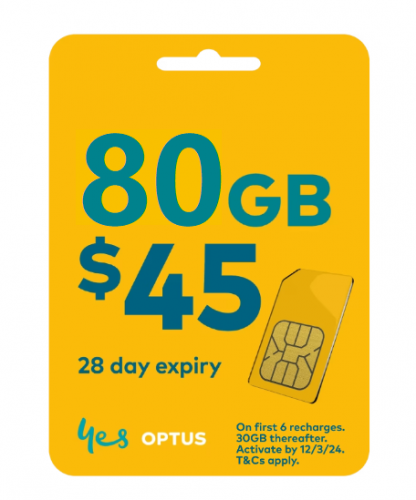 【OPTUS $45澳元套餐】澳洲28日 首80GB 5G/4G上網+無限通話+800分鐘致電香港及中國