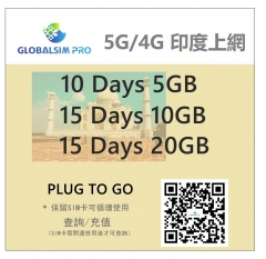 【可選擇eSIM/普通SIM】 Globalsim印度 5G/4G 10日/15日上網卡 電話卡