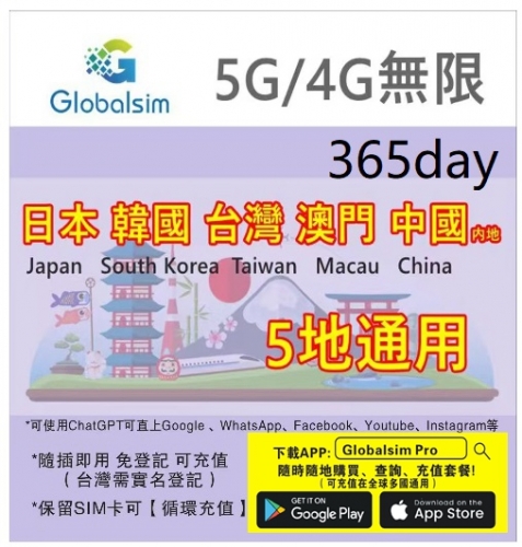 【可選擇eSIM/普通SIM】Globalsim 5G/4G 5地通用 日本，韓國，台灣，澳門，中國（内地） 365日無限上網卡