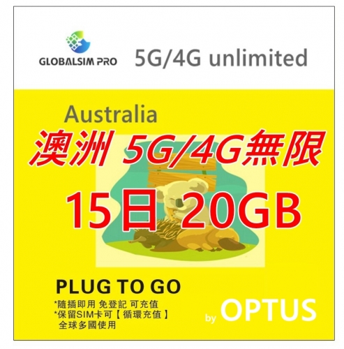 【即插即用】Globalsim 澳洲15日無限 首20GB 5G/4G上網其後慢速無限上網