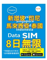 【可選擇eSIM/普通SIM】【5G/4G 即插即用】 新加坡 馬來西亞 印尼 泰國5G/4G全速無限上網卡8日 10日 15日 30日（多種套餐可供選擇）