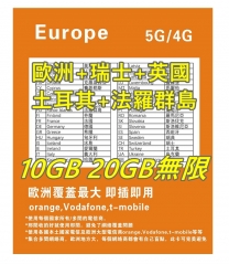 【可選擇eSIM/普通SIM】【即插即用orange,Vodafone,t-mobile 集合了多間網絡商網絡】5G/4G歐洲多國+瑞士+英國+土耳其 30日10GB 20GB 30GB無限上網卡 歐洲數據卡Sim卡 歐洲電話咭data 多種套餐可供選