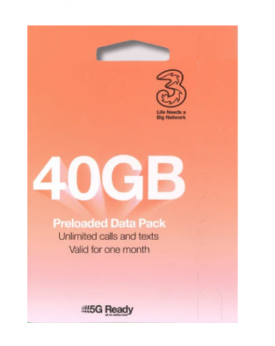 3UK Three 英國+歐洲30日 40 GB data (Pay As You Go SIM)無限英國通話，免費歐洲漫遊數據（提供英國電話號碼）