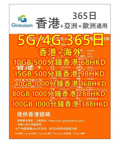 【可選擇eSIM/普通SIM】Globalsim 5G/4G香港+亞洲+歐洲365日 上網+香港本地通話 （提供香港號碼）多種套餐可供選擇