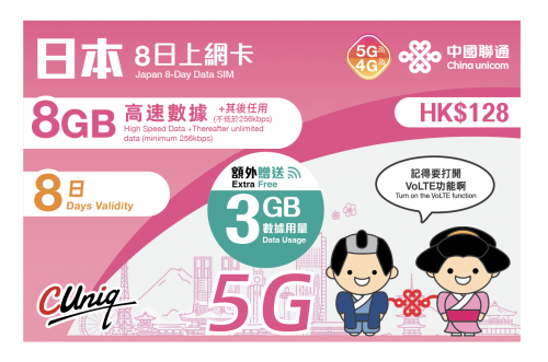 中國聯通 5G KDDI/rakuten日本8天/11GB + 限速無限上網